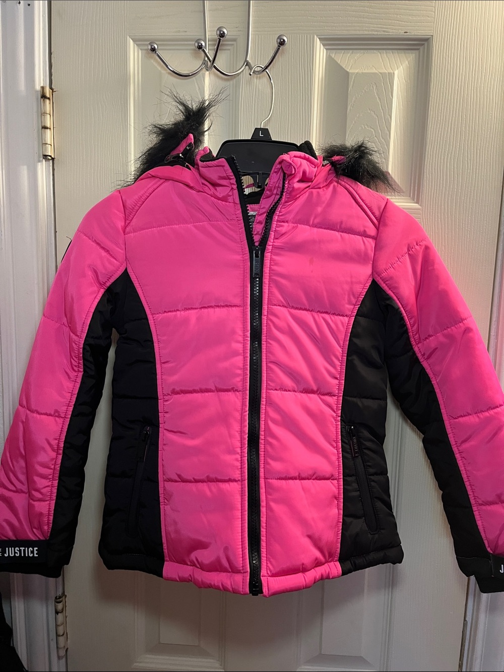 Justice Hot Pink and Black Girls' Puffer Jacket with Removable Faux Fur Trim
